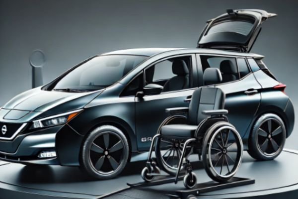 Nissan Leaf na cor preta com adaptacoes acessiveis refletindo inclusao e tecnologia