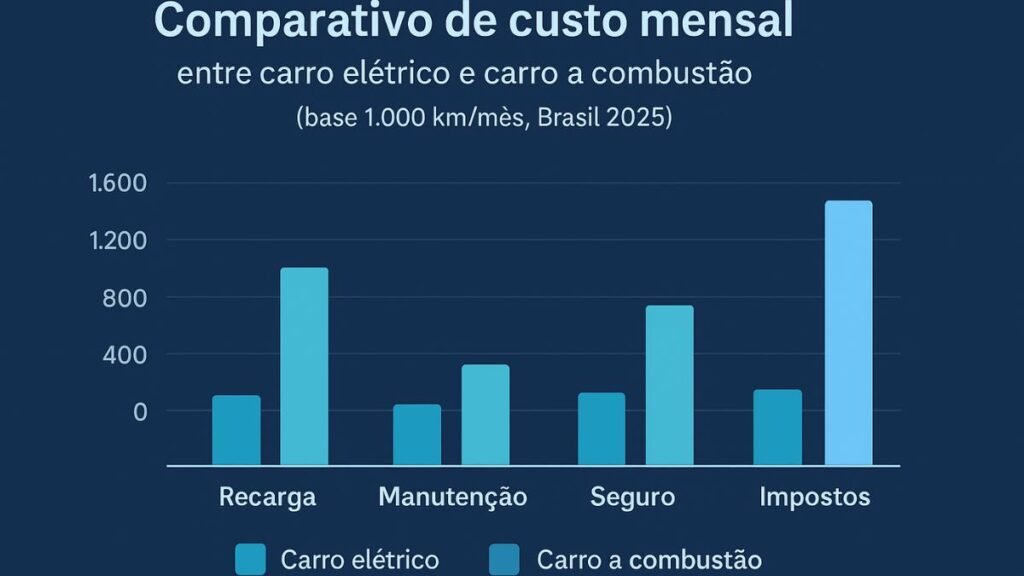 Carro Elétrico no Brasil em 2025: Custo Real de Compra, Recarga e Manutenção 6 Comparativo de custo mensal entre carro elétrico e carro a combustão (base 1.000 km/mês, Brasil 2025).”