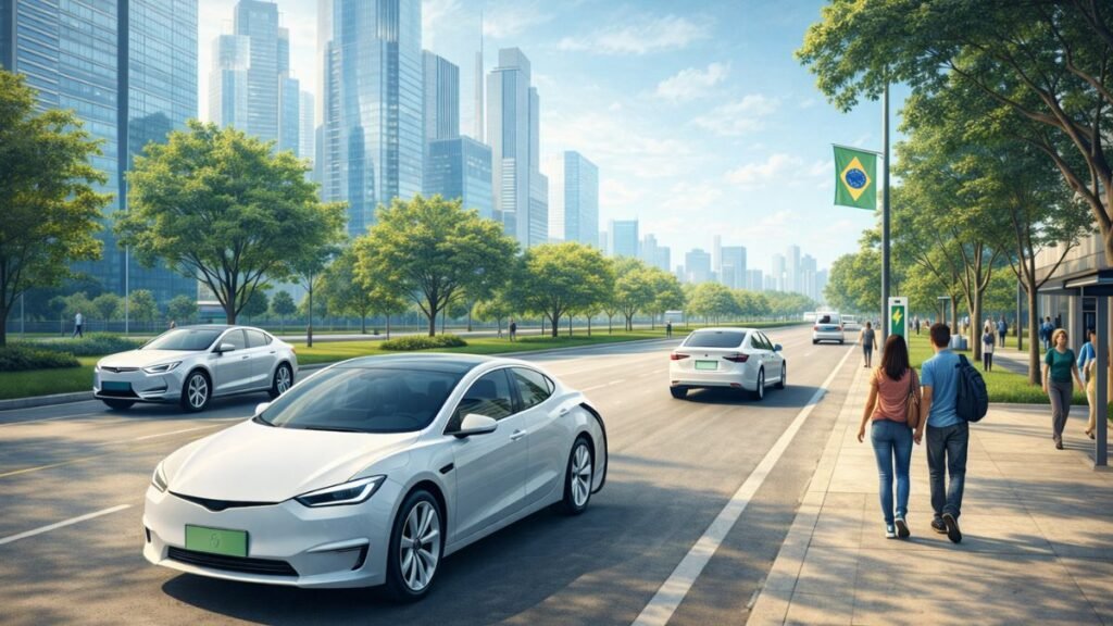 carros elétricos em circulação, ar limpo visível, pessoas caminhando e ambiente silencioso